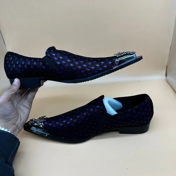 Santimon Men's US 9.5 Black/Blue Leather Metal Tip Western Loafers Dress Shoes